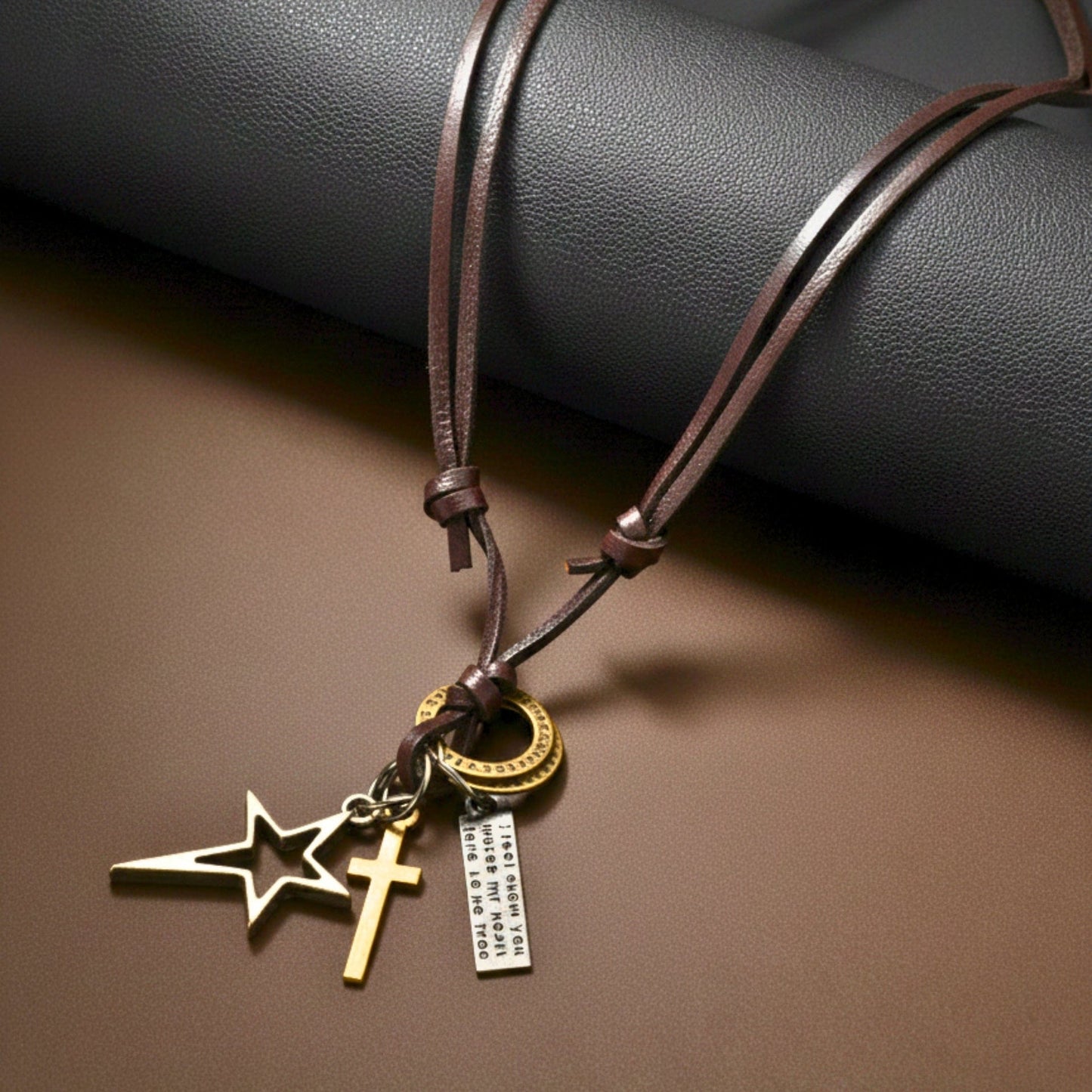 THE MEN THING Leather Necklace SILVER VOYAGER STAR CROSS – 1.5-Inch Pure Stainless Steel Pendant with Adjustable Leather Rope for Men & Boys