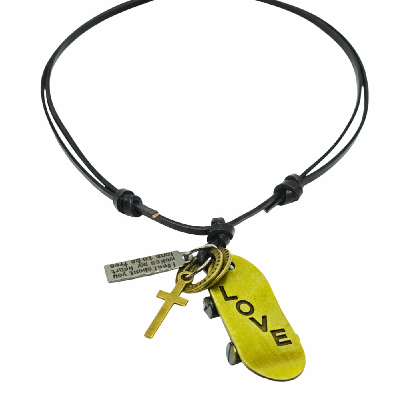 THE MEN THING Leather Necklace SKATE LOVE – 2-Inch Pure Stainless Steel Pendant with Adjustable Leather Rope for Men & Boys
