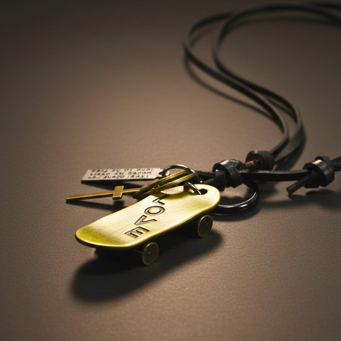 THE MEN THING Leather Necklace SKATE LOVE – 2-Inch Pure Stainless Steel Pendant with Adjustable Leather Rope for Men & Boys