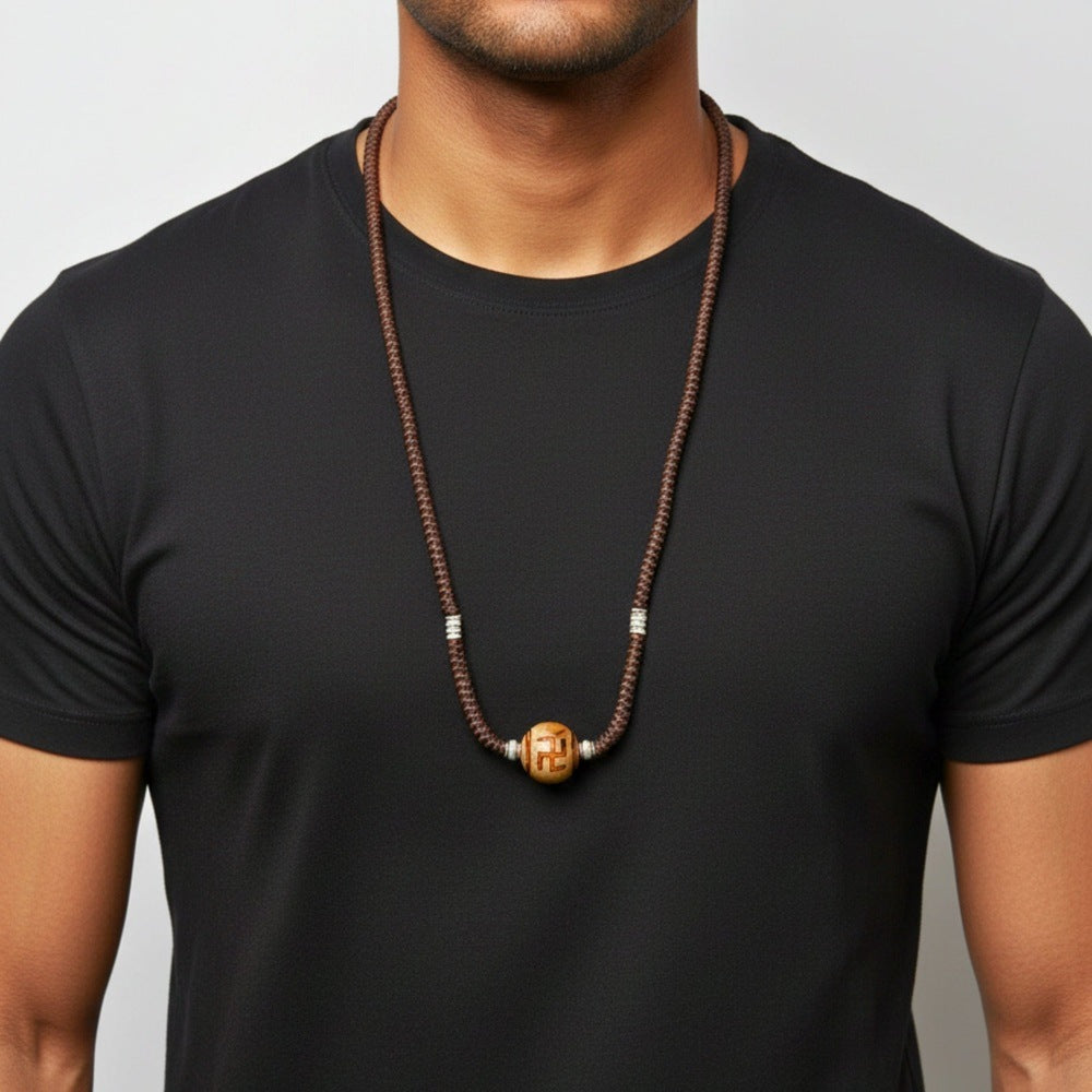 THE MEN THING Leather Necklace SWASTIK DZI – 1-Inch Natural Crystal Pendant with Adjustable Leather Rope for Men & Boys