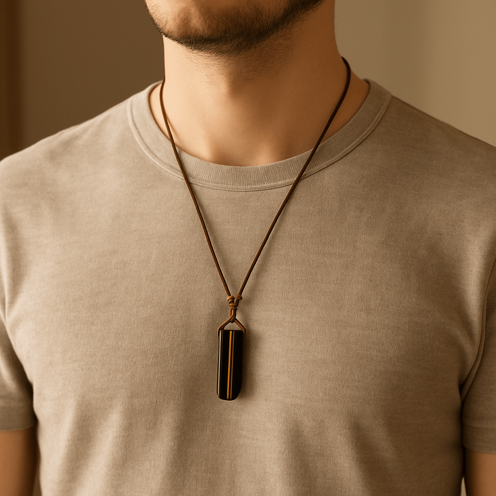 THE MEN THING Leather Necklace TIGERS EYE - Natural Crystal Pendant with Adjustable Pure Leather Cord Necklace for Men & Boys