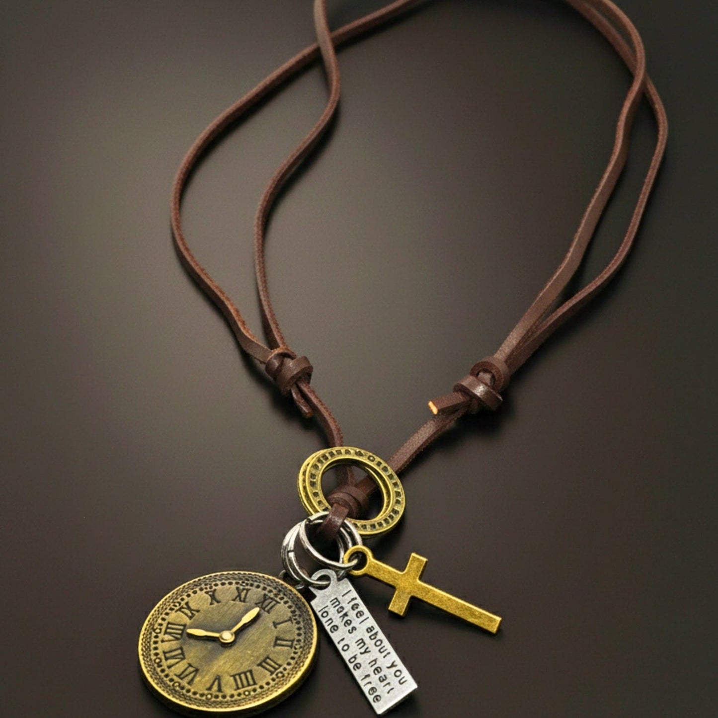 THE MEN THING Leather Necklace TIMELOCK – 1.2-Inch Pure Stainless Steel Pendant with Adjustable Brown Leather Rope for Men & Boys