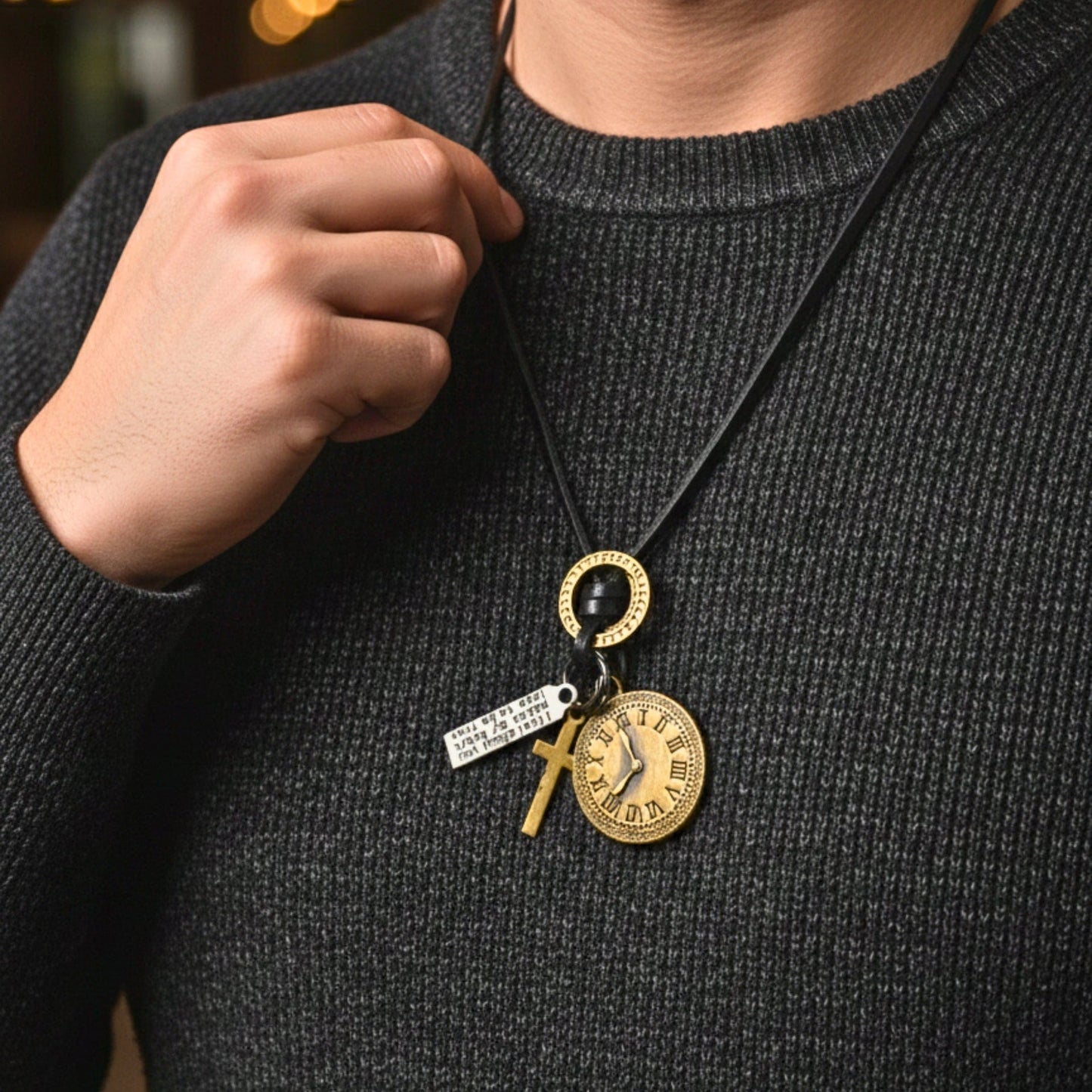 THE MEN THING Leather Necklace TIMELOCK – 1.2-Inch Pure Stainless Steel Pendant with Adjustable Leather Rope for Men & Boys
