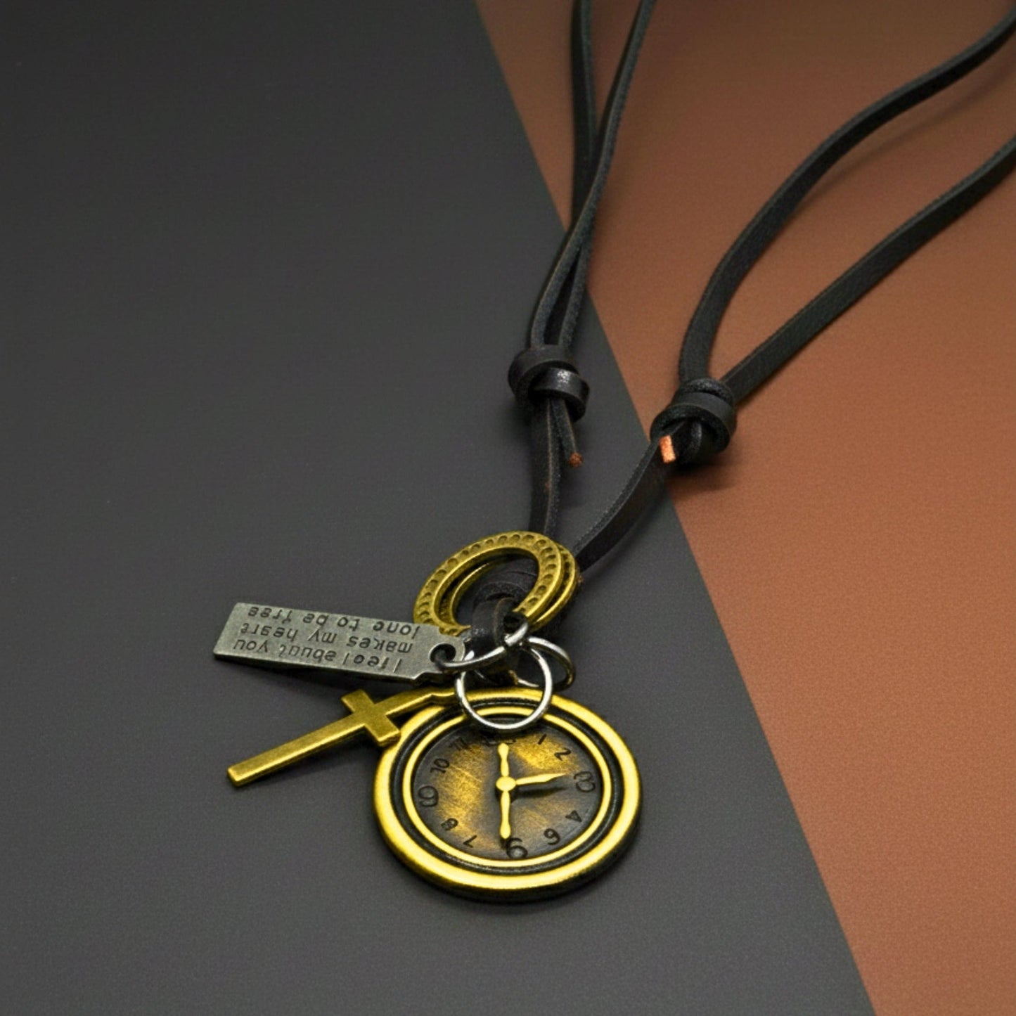 THE MEN THING Leather Necklace TIMELOCK – 1.2-Inch Pure Stainless Steel Pendant with Adjustable Leather Rope for Men & Boys