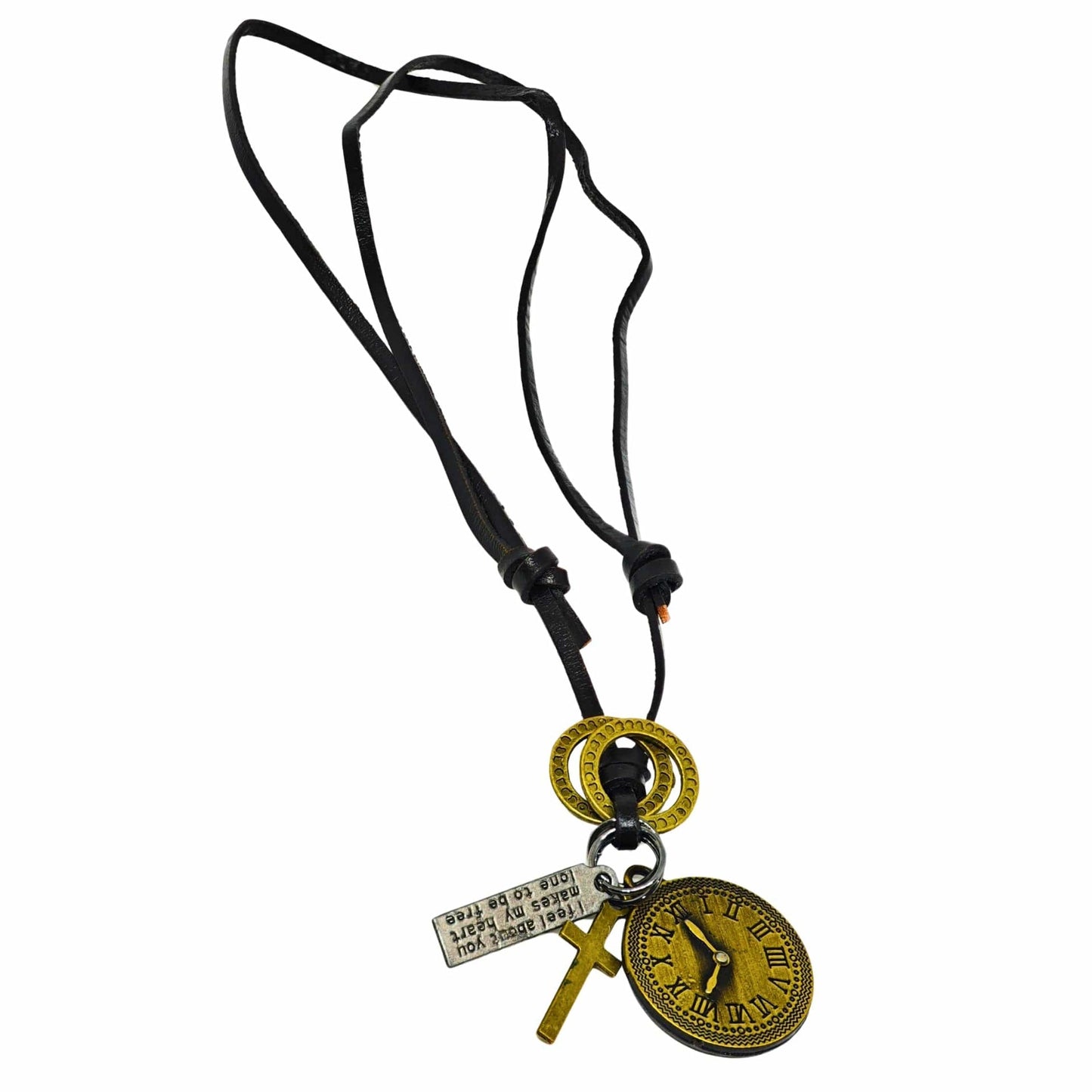 THE MEN THING Leather Necklace TIMELOCK – 1.2-Inch Pure Stainless Steel Pendant with Adjustable Leather Rope for Men & Boys