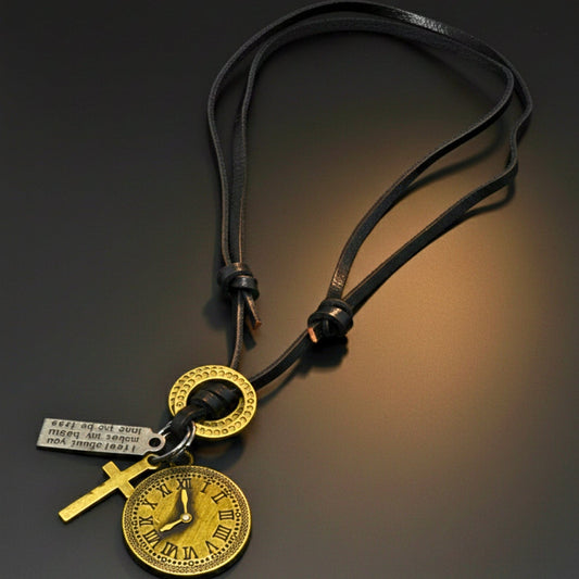 THE MEN THING Leather Necklace TIMELOCK – 1.2-Inch Pure Stainless Steel Pendant with Adjustable Leather Rope for Men & Boys