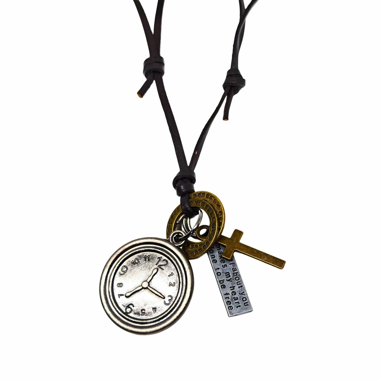 THE MEN THING Leather Necklace TIMELOCK FAITH – 1.2-Inch Pure Stainless Steel Pendant with Adjustable Leather Rope for Men & Boys