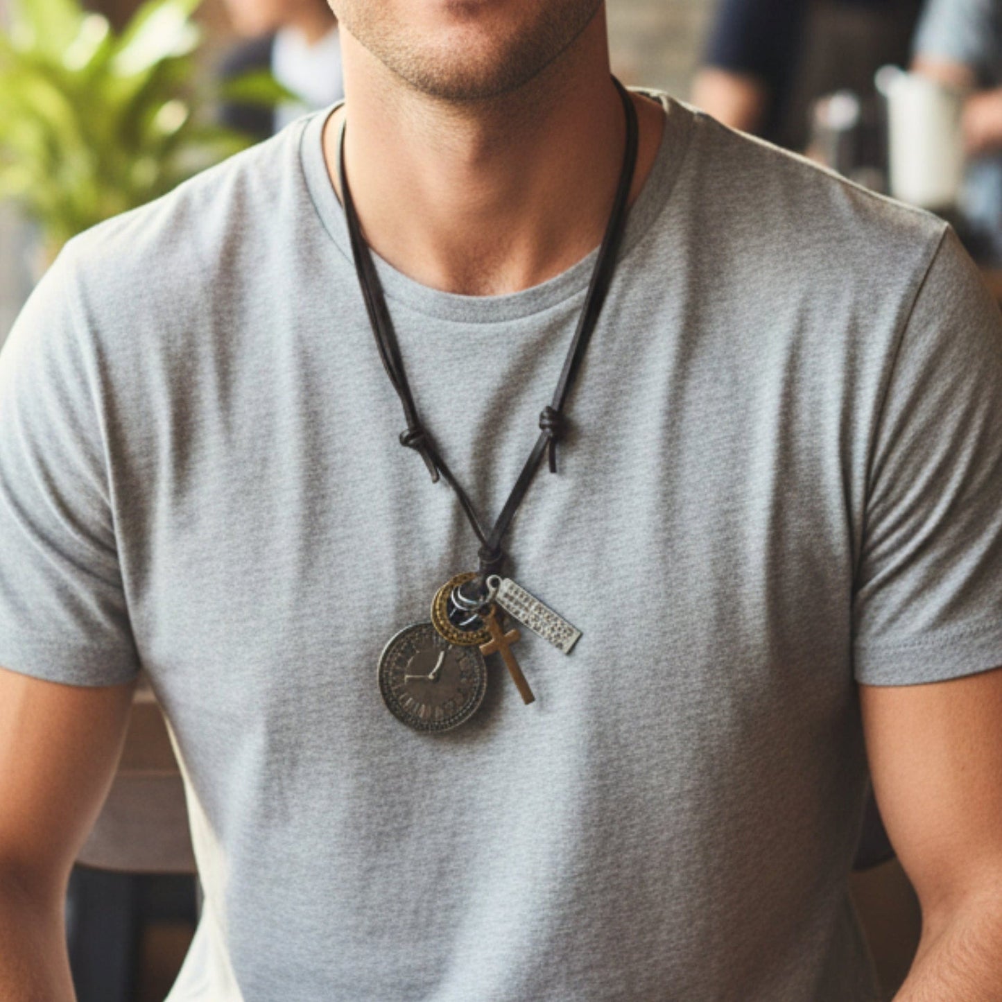 THE MEN THING Leather Necklace TIMELOCK FAITH – 1.2-Inch Pure Stainless Steel Pendant with Adjustable Leather Rope for Men & Boys