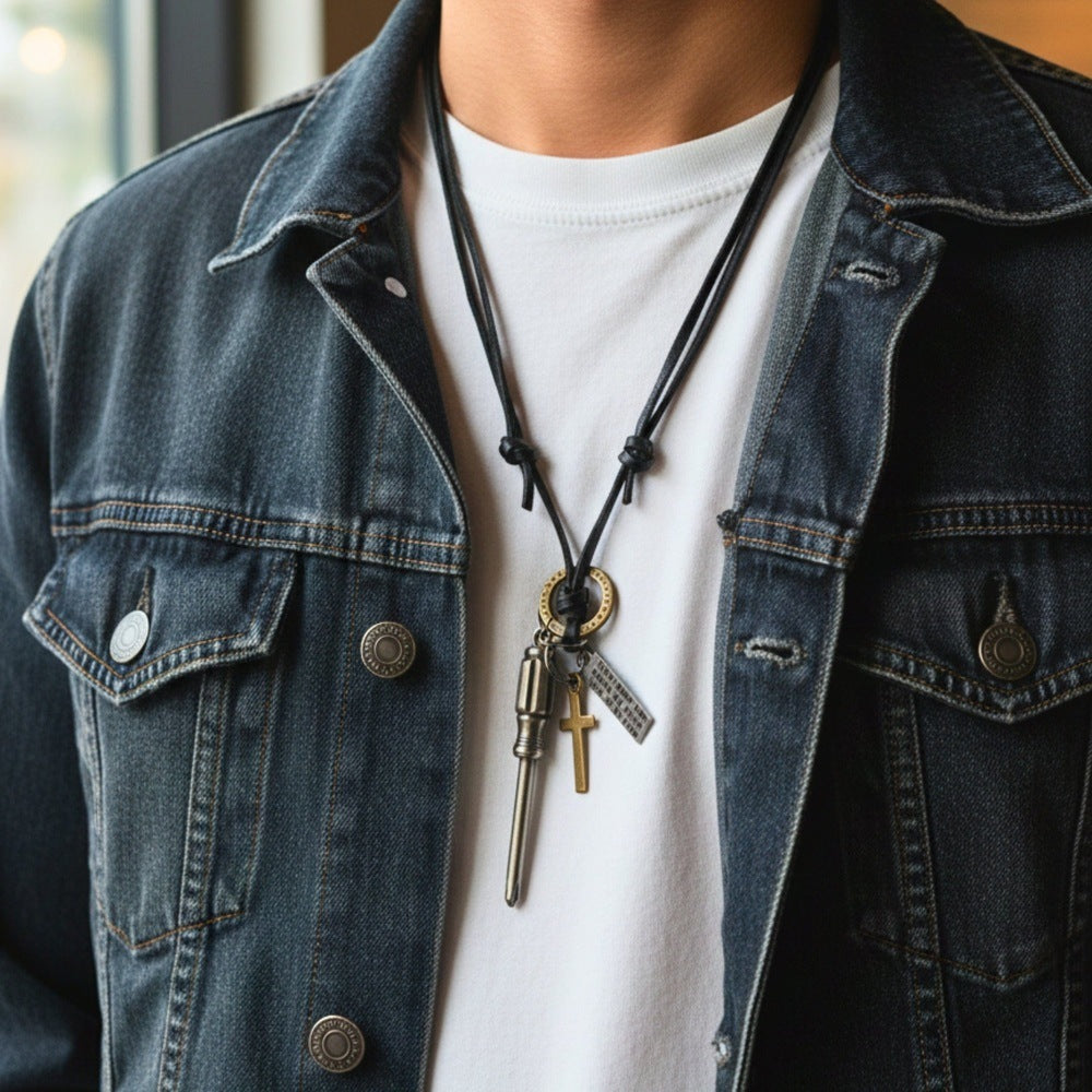 THE MEN THING Leather Necklace TOOL OF FAITH – 2.5-Inch Pure Stainless Steel Pendant with Adjustable Leather Rope for Men & Boys