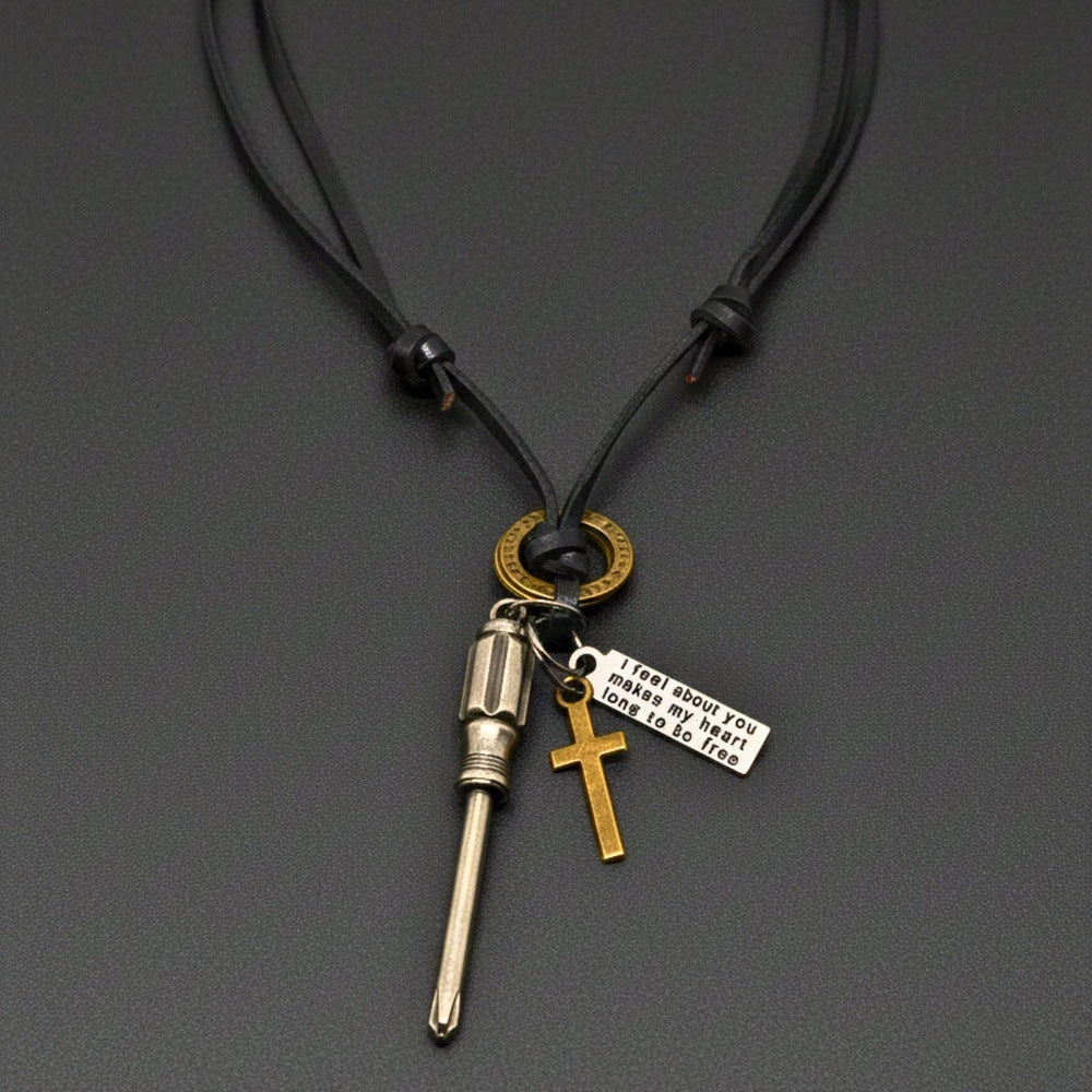 THE MEN THING Leather Necklace TOOL OF FAITH – 2.5-Inch Pure Stainless Steel Pendant with Adjustable Leather Rope for Men & Boys