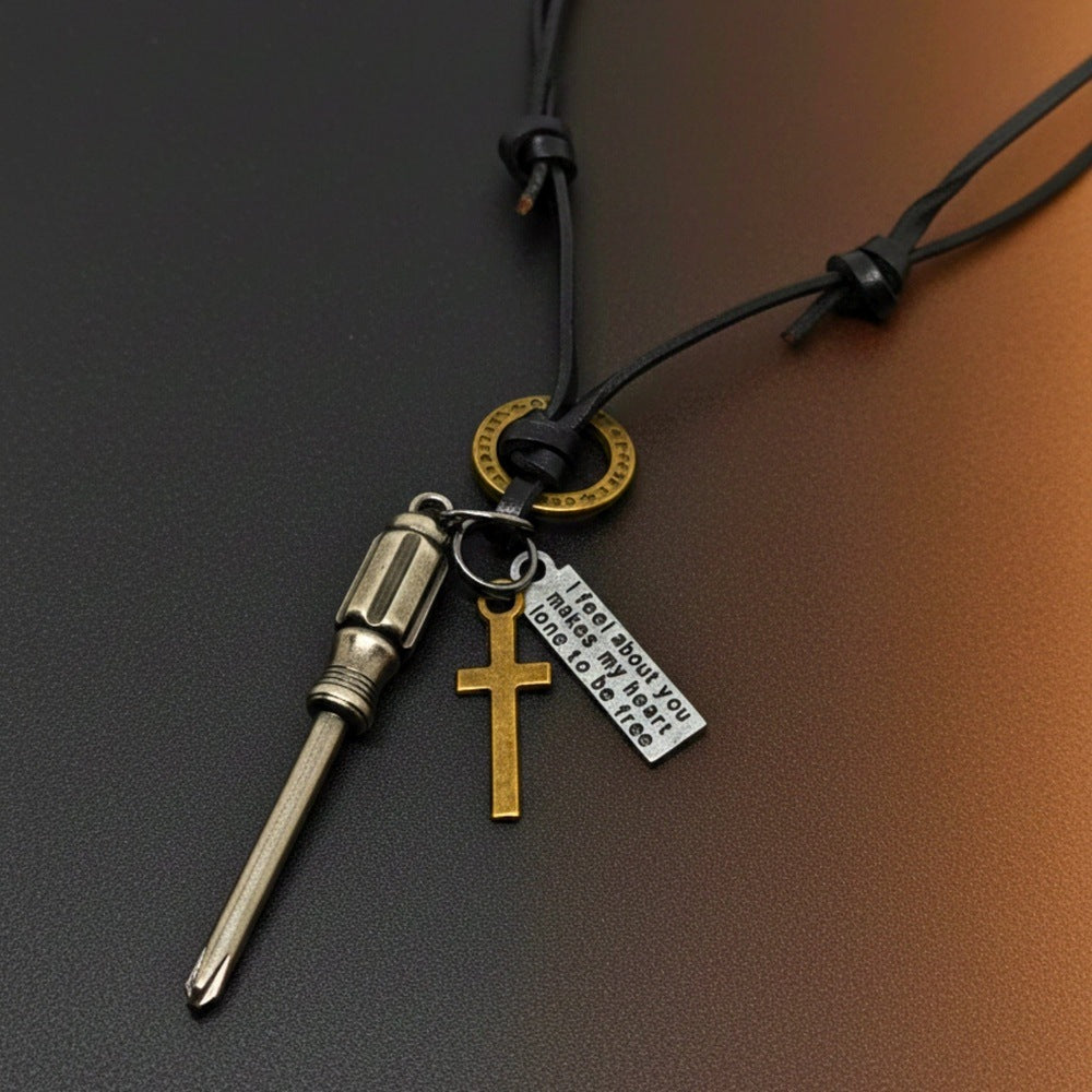 THE MEN THING Leather Necklace TOOL OF FAITH – 2.5-Inch Pure Stainless Steel Pendant with Adjustable Leather Rope for Men & Boys