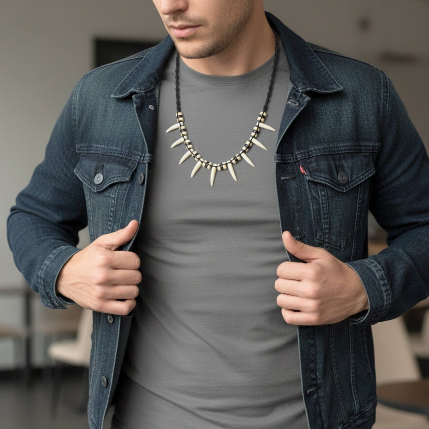 THE MEN THING Leather Necklace TRIBAL FANG WARRIOR – 1-Inch Natural Crystal Pendant with 20-Inch Leather Rope for Men & Boys
