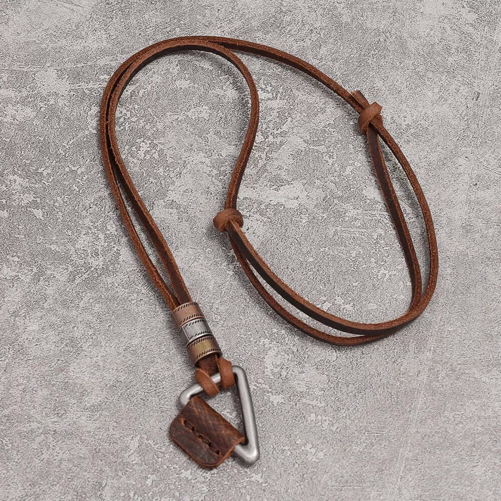 THE MEN THING Leather Necklace TRIGON BROWN - Vintage Alloy Triangle Pendant with Adjustable Pure Leather Cord Necklace for Men & Boys