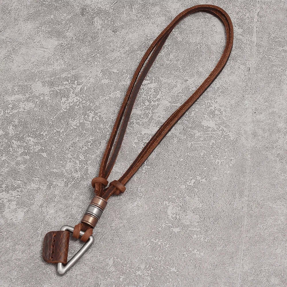THE MEN THING Leather Necklace TRIGON BROWN - Vintage Alloy Triangle Pendant with Adjustable Pure Leather Cord Necklace for Men & Boys