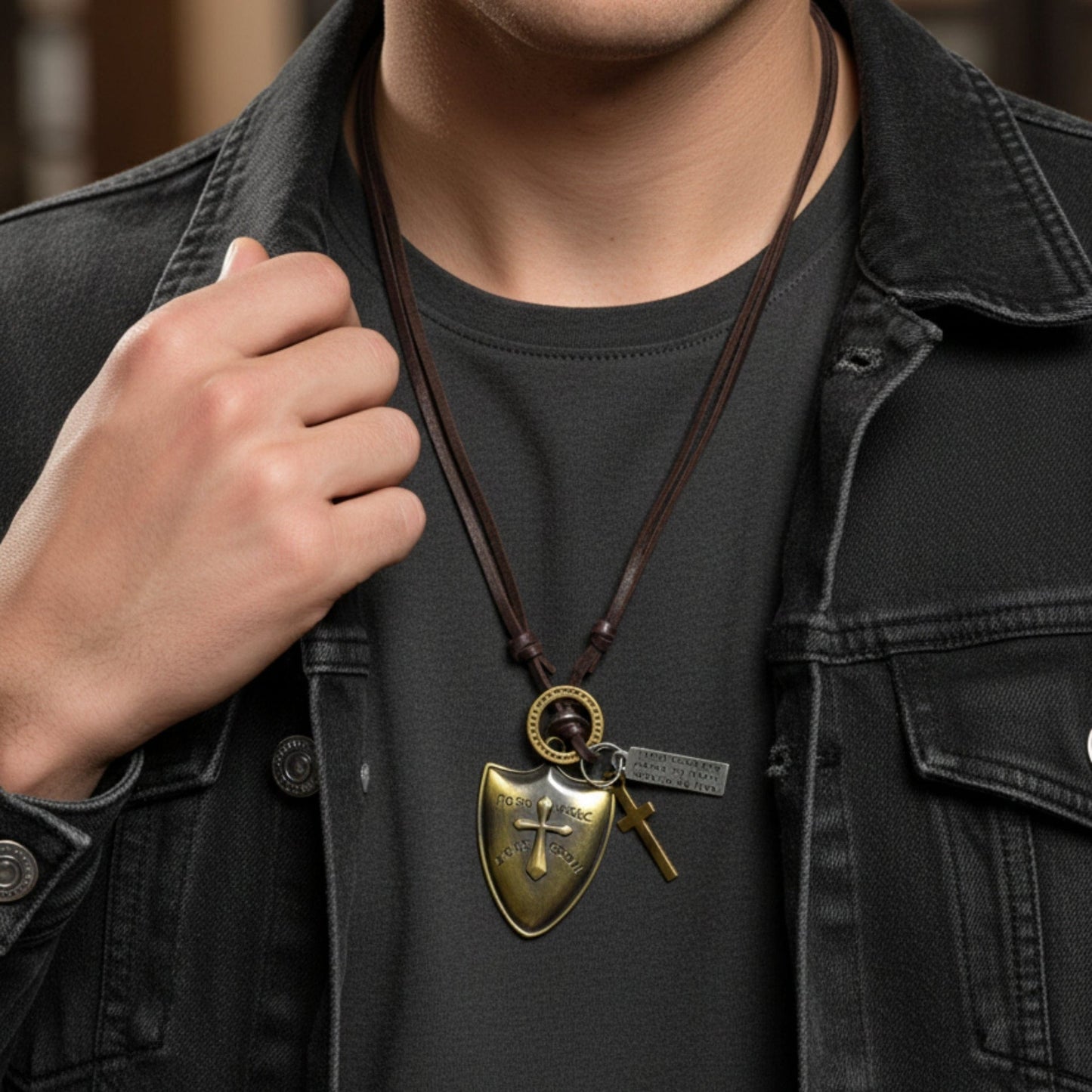 THE MEN THING Leather Necklace VALORBORN SHIELD – 2-Inch Pure Stainless Steel Pendant with Adjustable Leather Rope for Men & Boys