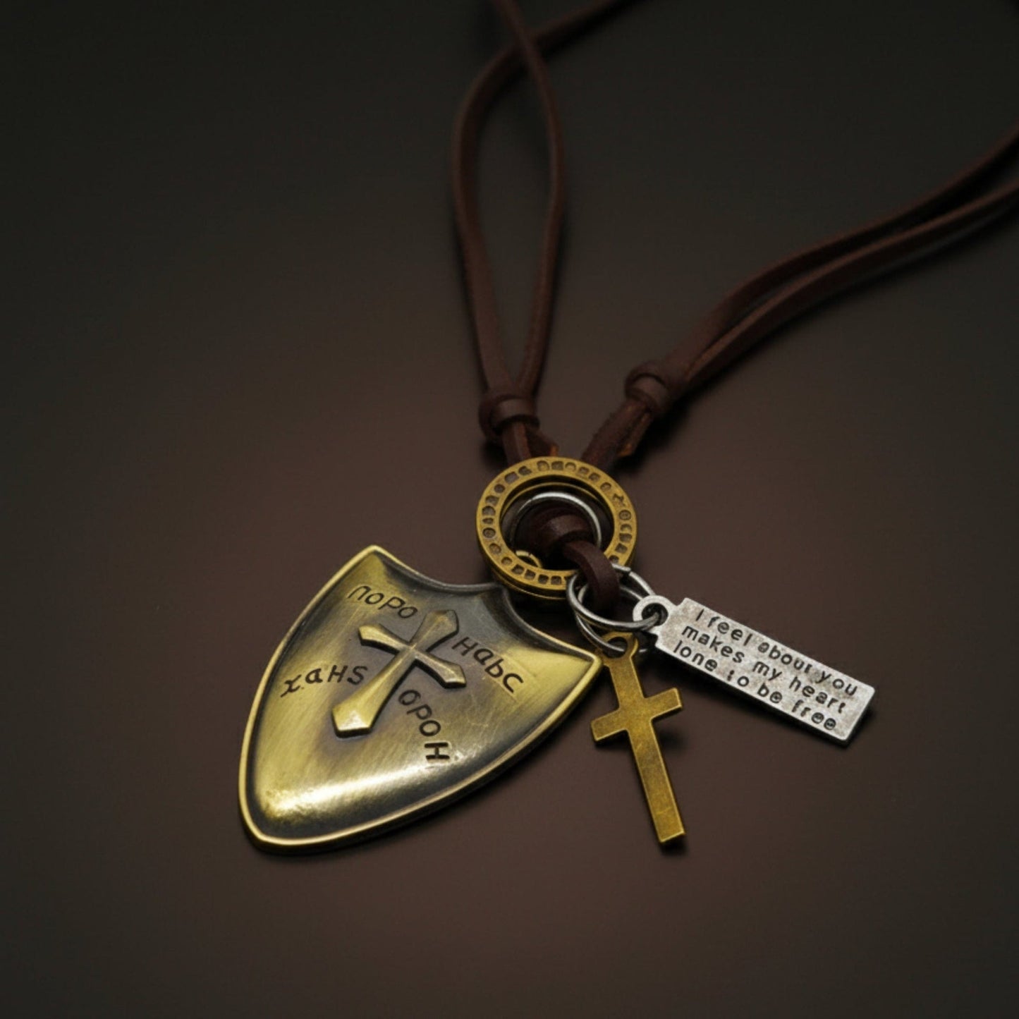 THE MEN THING Leather Necklace VALORBORN SHIELD – 2-Inch Pure Stainless Steel Pendant with Adjustable Leather Rope for Men & Boys
