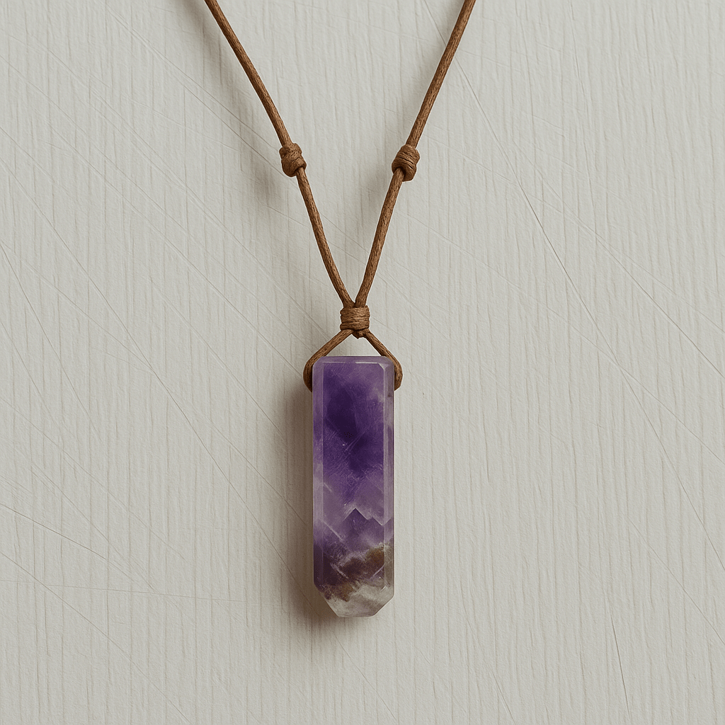 THE MEN THING Leather Necklace VIOLET APEX - Natural Crystal Unshaped Pendant with Adjustable Rope Chain for Men and Boys
