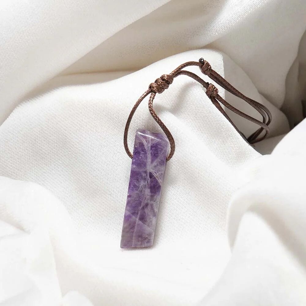 THE MEN THING Leather Necklace VIOLET APEX - Natural Crystal Unshaped Pendant with Adjustable Rope Chain for Men and Boys