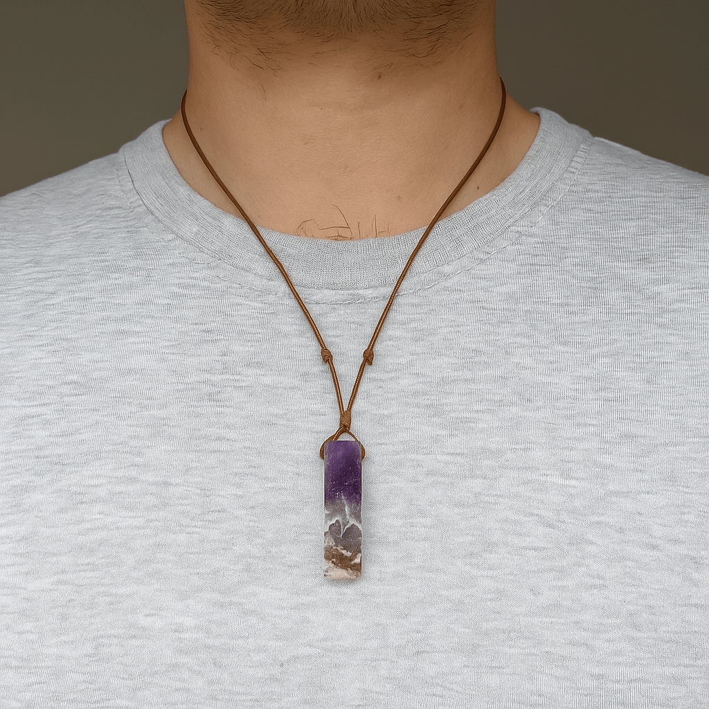 THE MEN THING Leather Necklace VIOLET APEX - Natural Crystal Unshaped Pendant with Adjustable Rope Chain for Men and Boys