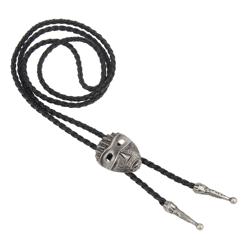 THE MEN THING Leather Necklace VISAGE MASK - Retro Alloy Pendant Bolo Tie | Adjustable Genuine Leather Cowboy Necktie Necklace for Men & Boys
