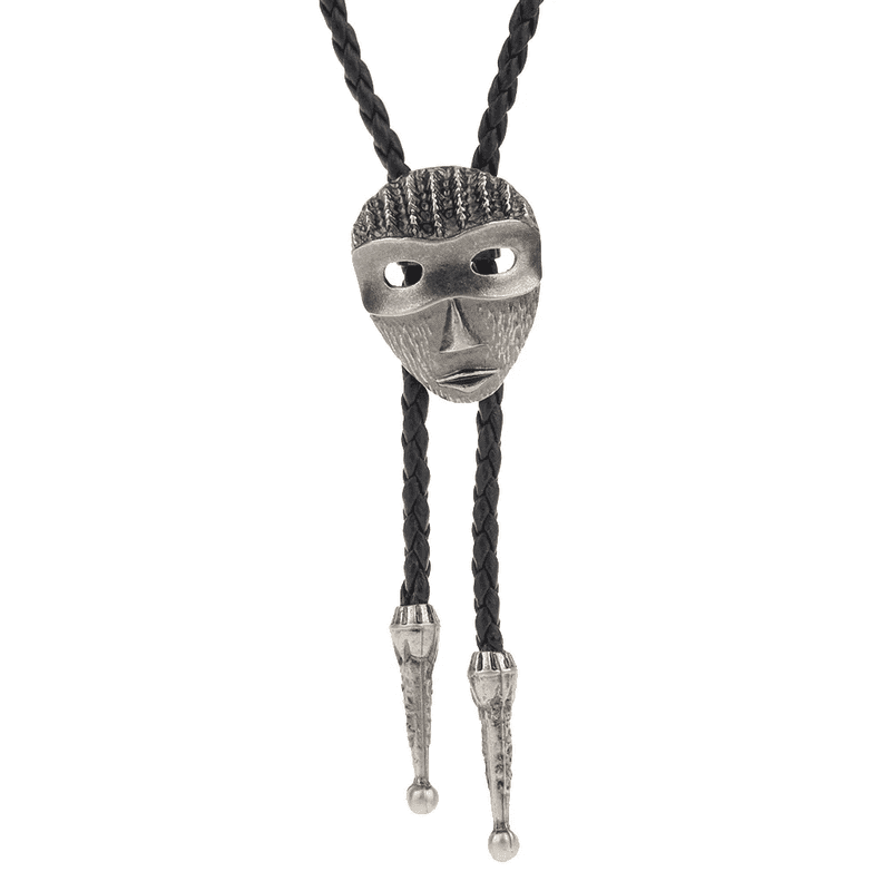 THE MEN THING Leather Necklace VISAGE MASK - Retro Alloy Pendant Bolo Tie | Adjustable Genuine Leather Cowboy Necktie Necklace for Men & Boys