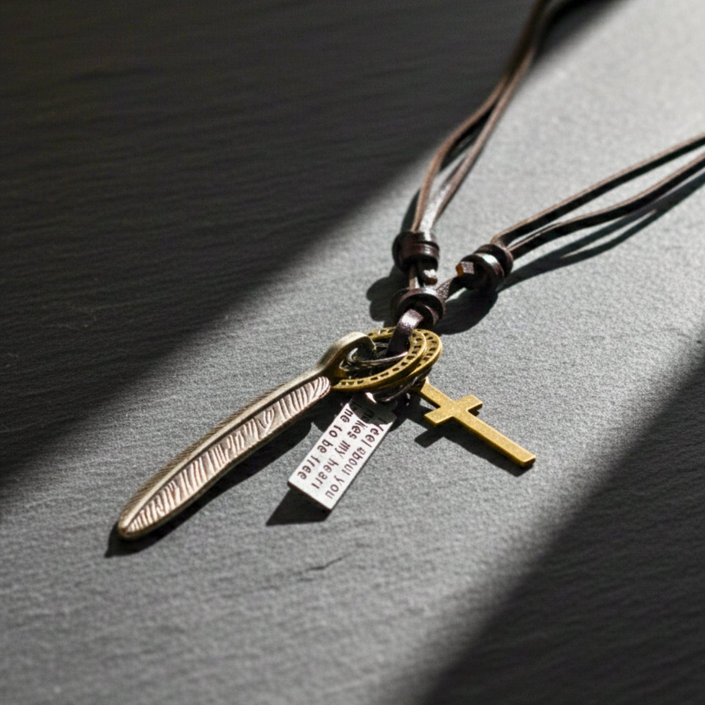THE MEN THING Leather Necklace WANDERER’S FAITH - SILVER – 2.3-Inch Pure Stainless Steel Pendant with Adjustable Leather Rope for Men & Boys