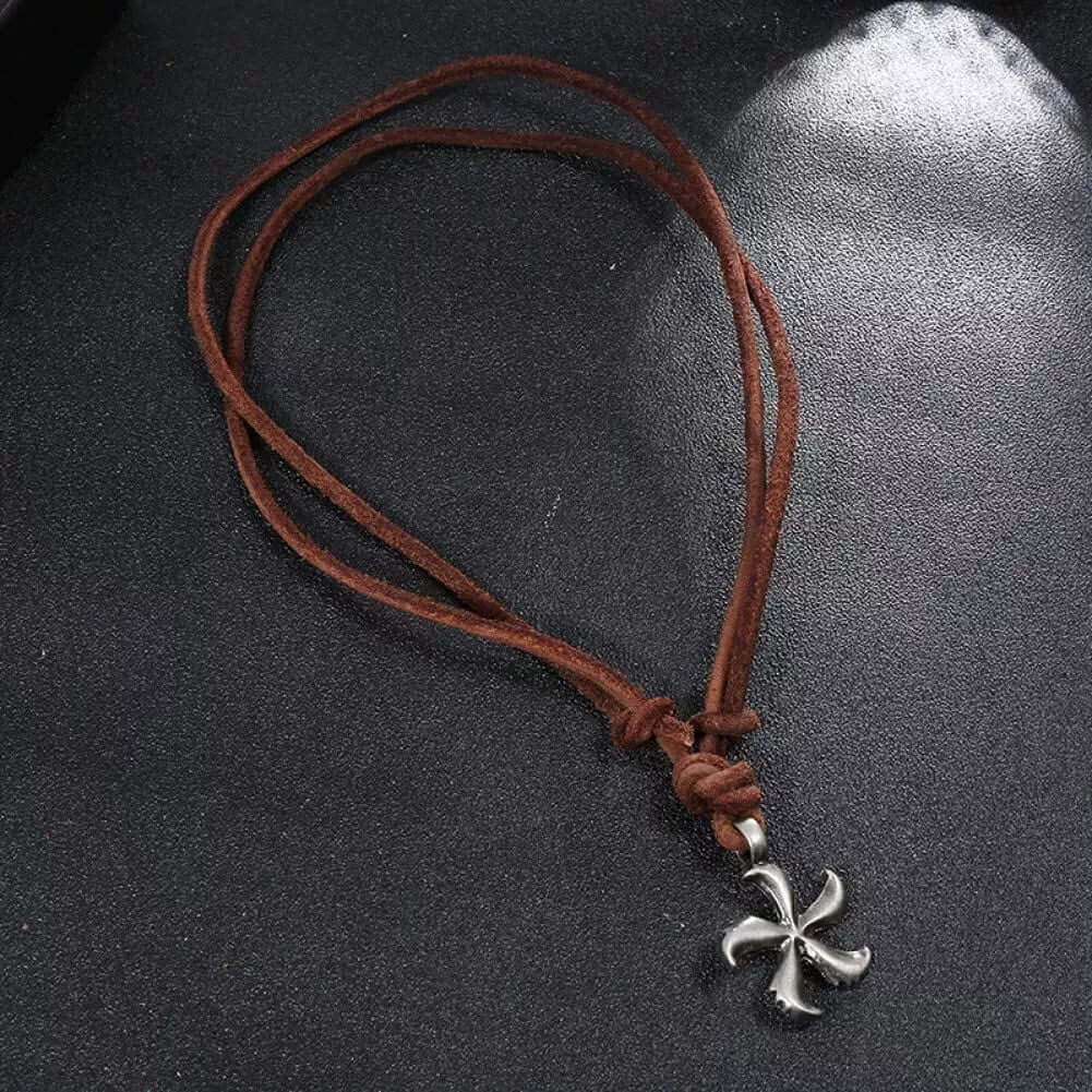 THE MEN THING Leather Necklace WINDMILL BROWN - Vintage Alloy Windmill Pendant with Adjustable Pure Leather Cord Necklace for Men & Boys