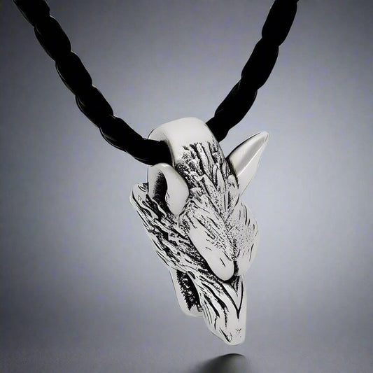 THE MEN THING Leather Necklace WOLF HEAD SILVER - Alloy Pendant with 24inch Leather Cord Chain for Men & Boy
