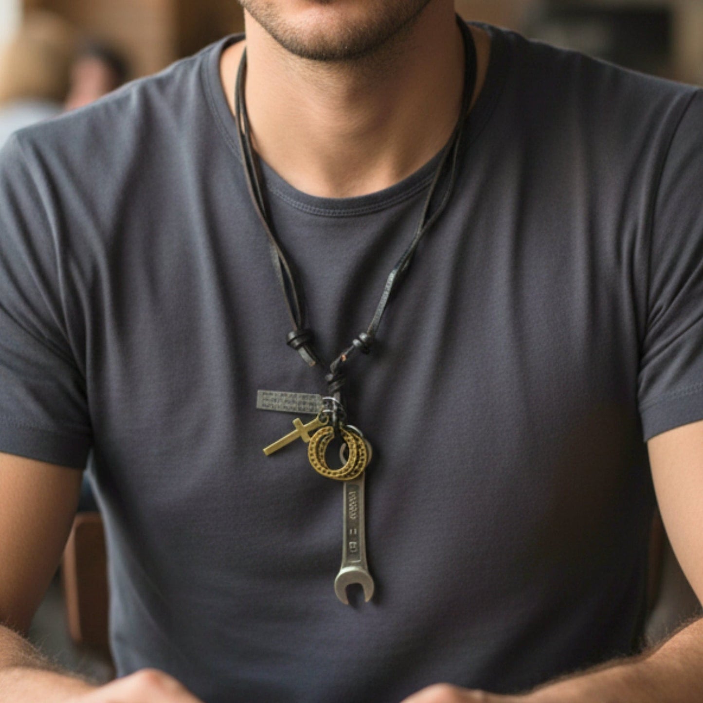 THE MEN THING Leather Necklace WRENCH OF FAITH – 2.5-Inch Pure Stainless Steel Pendant with Adjustable Leather Rope for Men & Boys