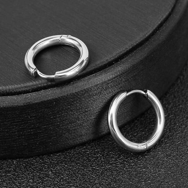 THE MEN THING Nose & Ear Ring AVOR SILVER - Titanium Steel Hoop Earrings for Men & Boys (16MM to 8 MM) (2 Pcs)