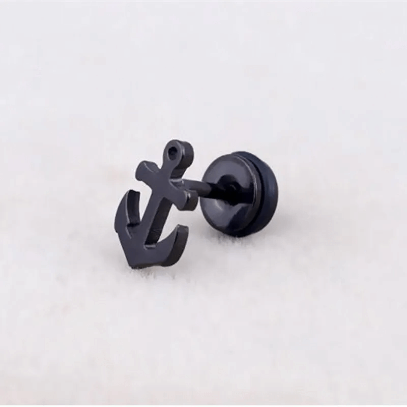 THE MEN THING Nose & Ear Ring Pair (Both Ears) ANCLA ANCHOR BLACK - Pure Titanium Steel Piercing Ear Earrings for Men & Boys (2 Pcs)