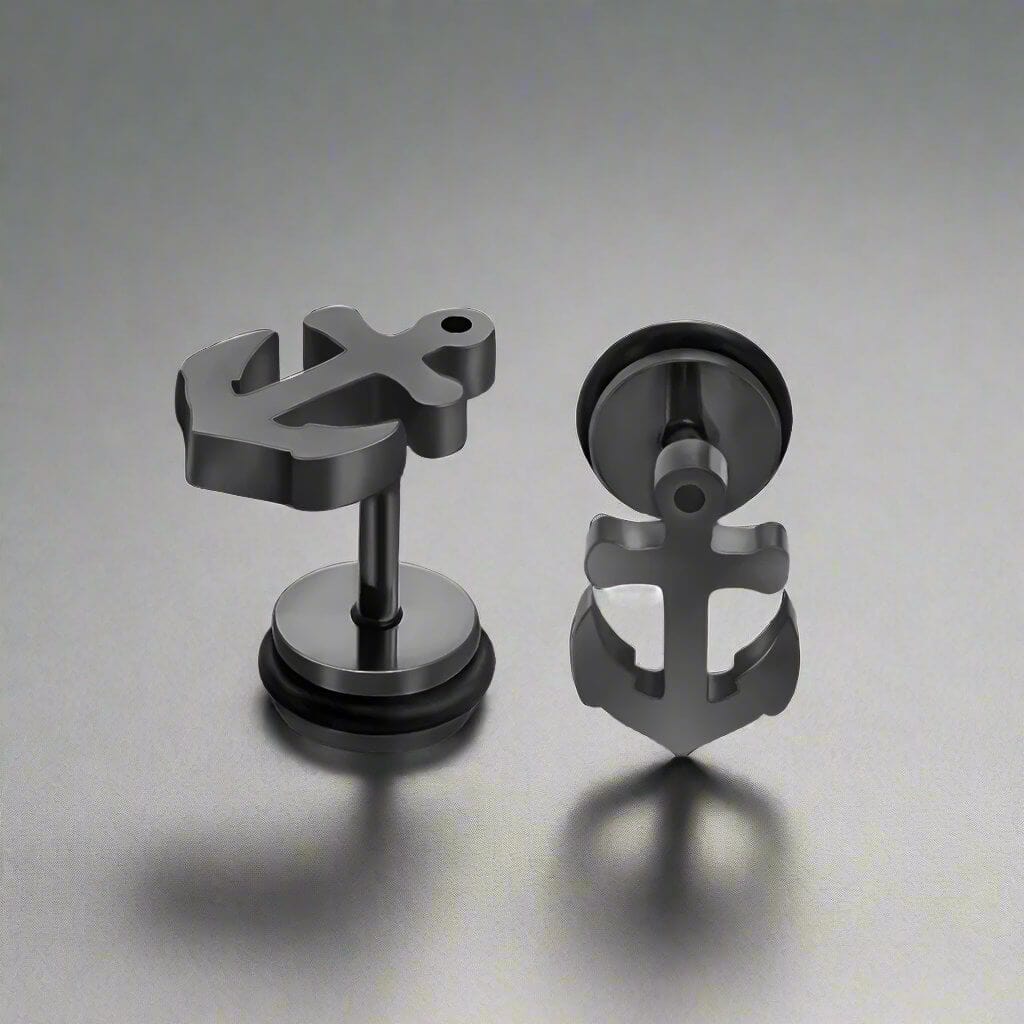 THE MEN THING Nose & Ear Ring Pair (Both Ears) ANCLA ANCHOR BLACK - Pure Titanium Steel Piercing Ear Earrings for Men & Boys (2 Pcs)