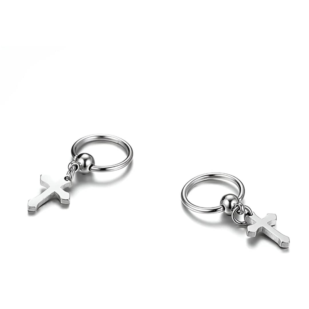 THE MEN THING Nose & Ear Ring Pair (Both Ears) ARCADIA SILVER CROSS DROP - Titanium Steel Hoop Earrings for Men & Boys (2 Pcs)