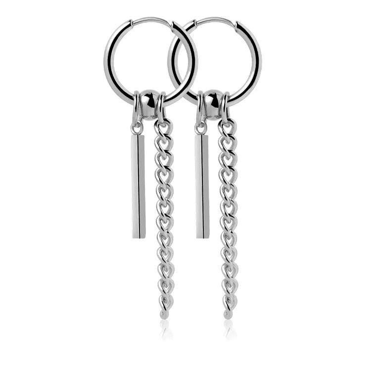 THE MEN THING Nose & Ear Ring Pair (Both Ears) CHAIN AND BAR HUGGIE HOOP SILVER - Pure Titanium Steel Ear Hoop Earrings for Men & Boys (2 Pcs)