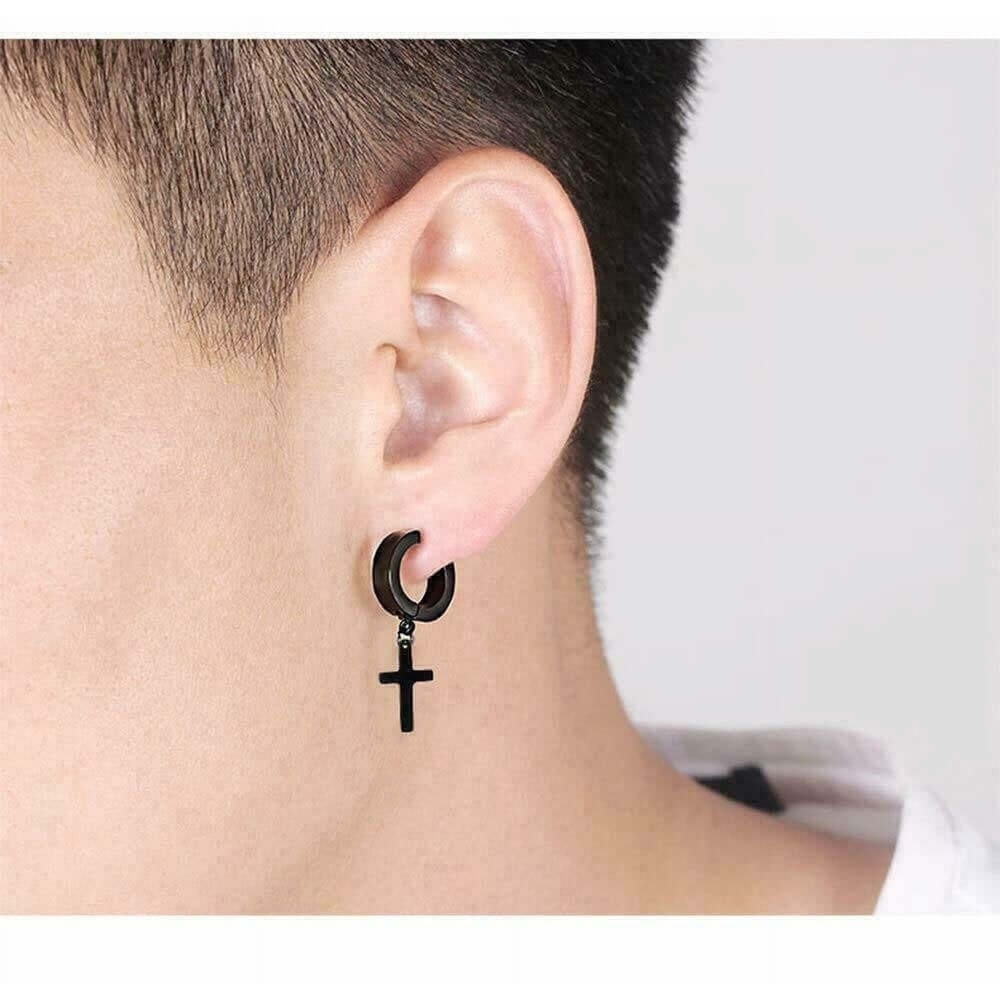 THE MEN THING Nose & Ear Ring Pair (Both Ears) CROSS FAITH BLACK - Non-Piercing Pure Titanium Steel Earring for Men & Boys (2 Pcs)