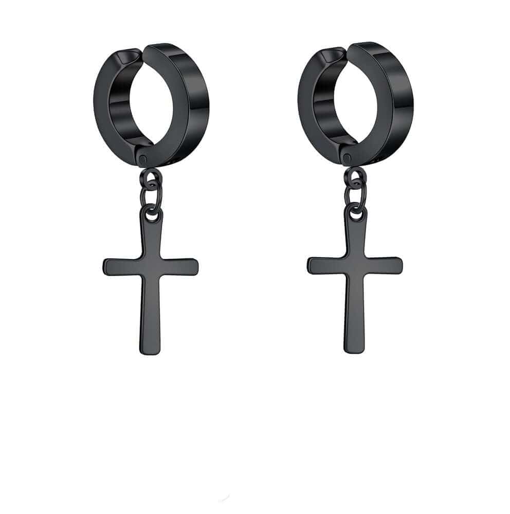 THE MEN THING Nose & Ear Ring Pair (Both Ears) CROSS FAITH BLACK - Non-Piercing Pure Titanium Steel Earring for Men & Boys (2 Pcs)