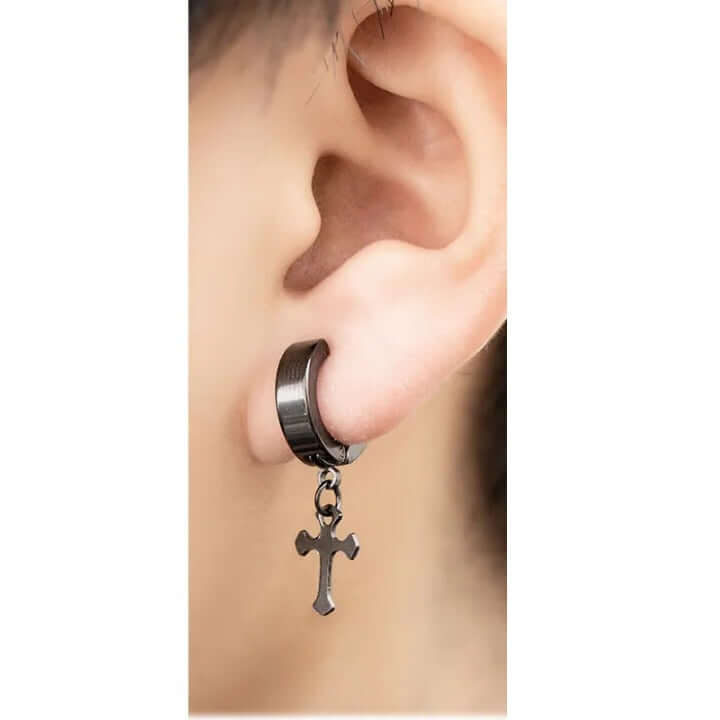 THE MEN THING Nose & Ear Ring Pair (Both Ears) CROSSVIBE BLACK - Pure Titanium Steel Ear Hoop Earrings for Men & Boys (2 Pcs)