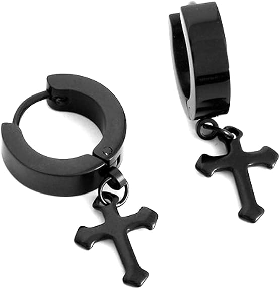 THE MEN THING Nose & Ear Ring Pair (Both Ears) CROSSVIBE BLACK - Pure Titanium Steel Ear Hoop Earrings for Men & Boys (2 Pcs)