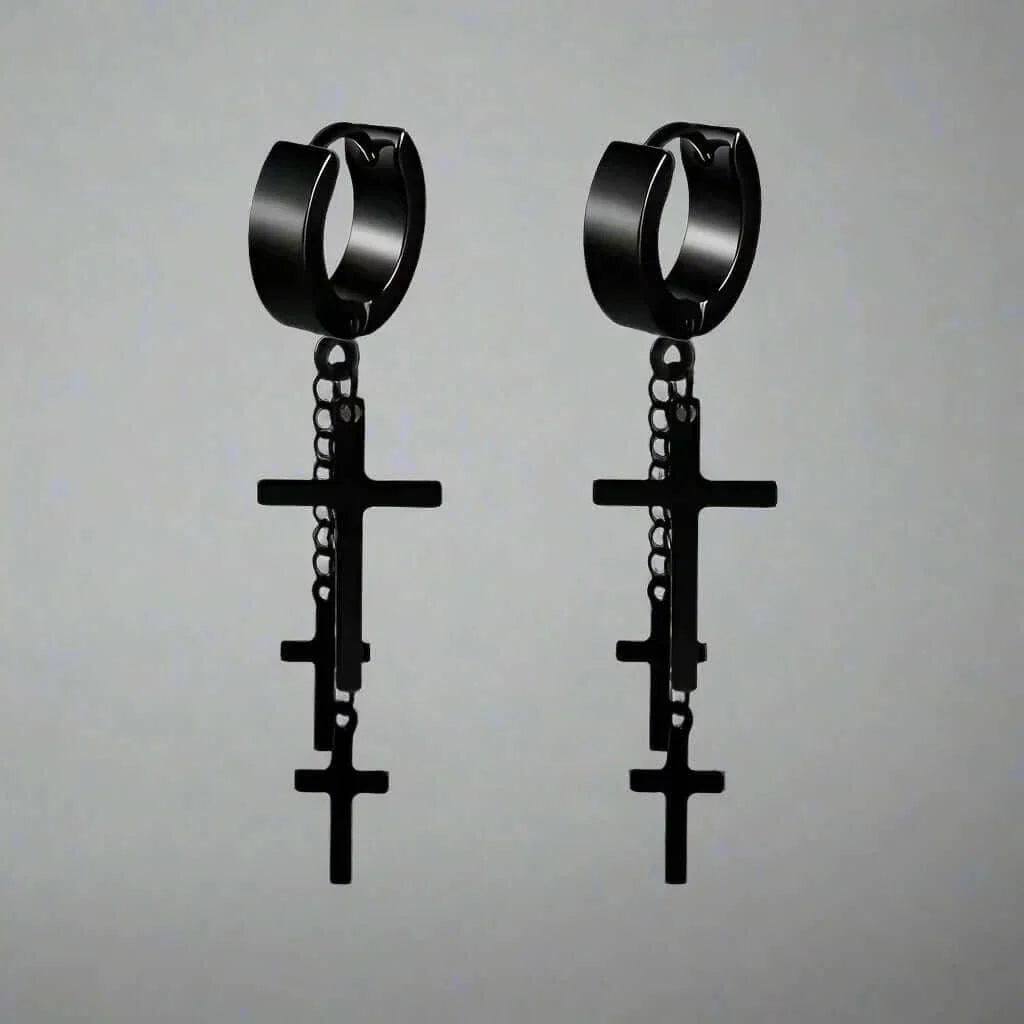 THE MEN THING Nose & Ear Ring Pair (Both Ears) FLARE CROSS BLACK - Titanium Steel Stud Earrings for Men & Boys (2 Pcs)