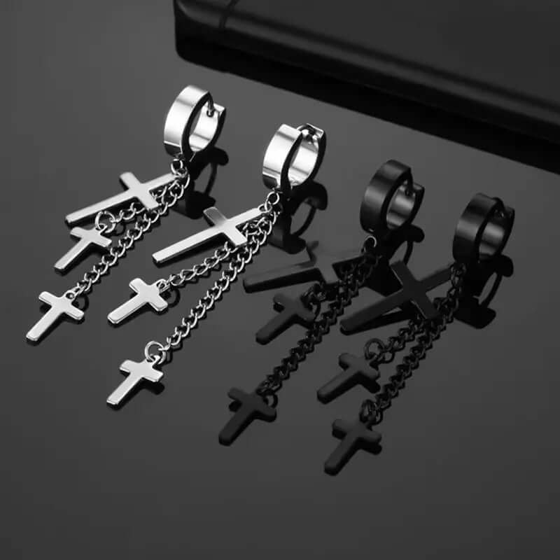 THE MEN THING Nose & Ear Ring Pair (Both Ears) FLARE CROSS SILVER - Titanium Steel Stud Earrings for Men & Boys (2 Pcs)