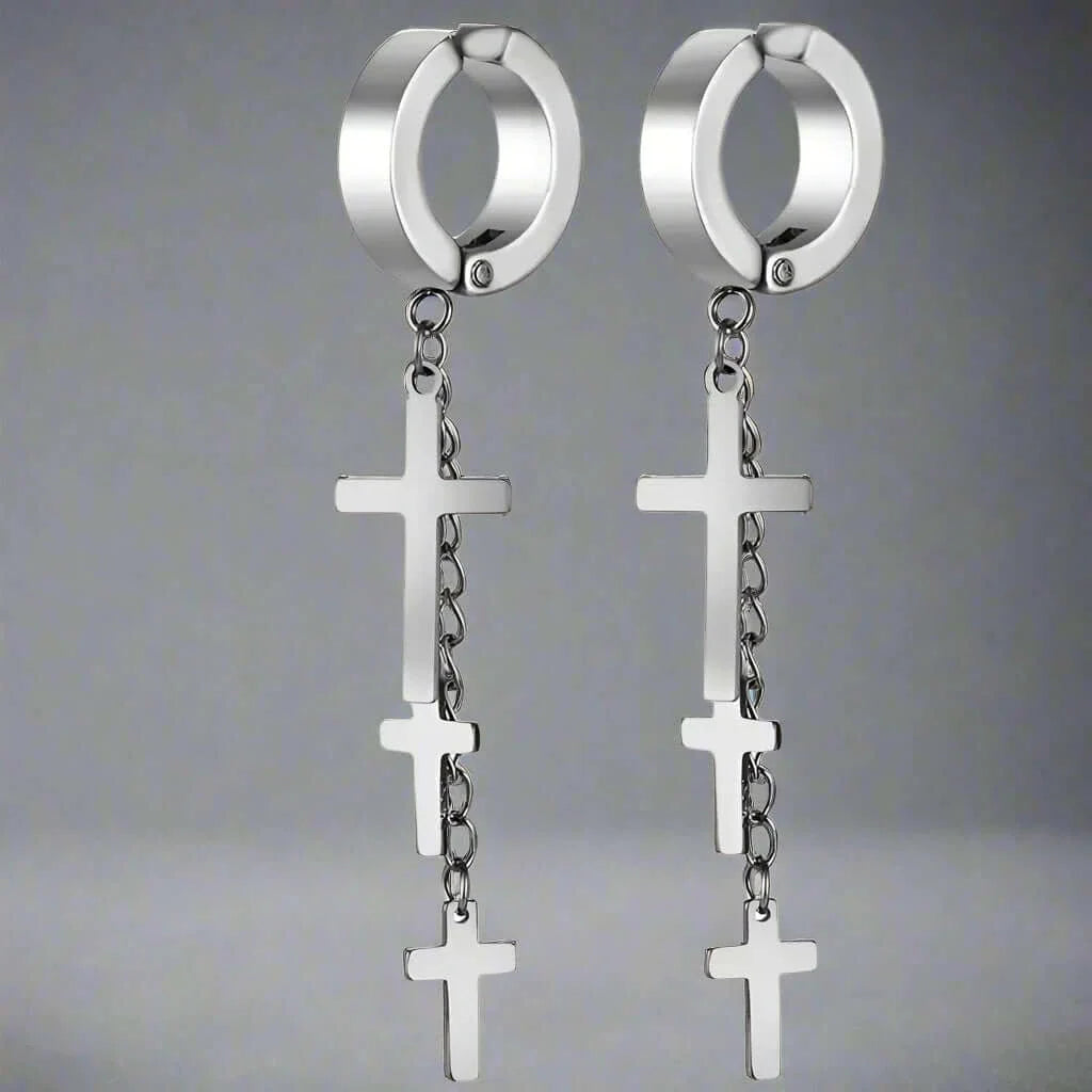 THE MEN THING Nose & Ear Ring Pair (Both Ears) FLARE CROSS SILVER - Titanium Steel Stud Earrings for Men & Boys (2 Pcs)