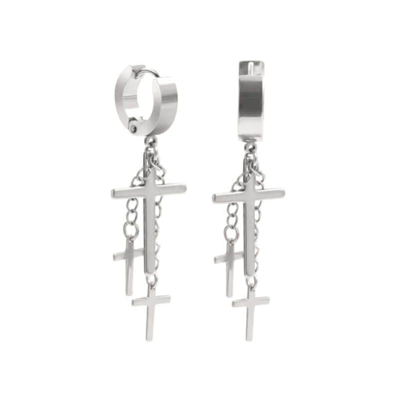 THE MEN THING Nose & Ear Ring Pair (Both Ears) FLARE CROSS SILVER - Titanium Steel Stud Earrings for Men & Boys (2 Pcs)