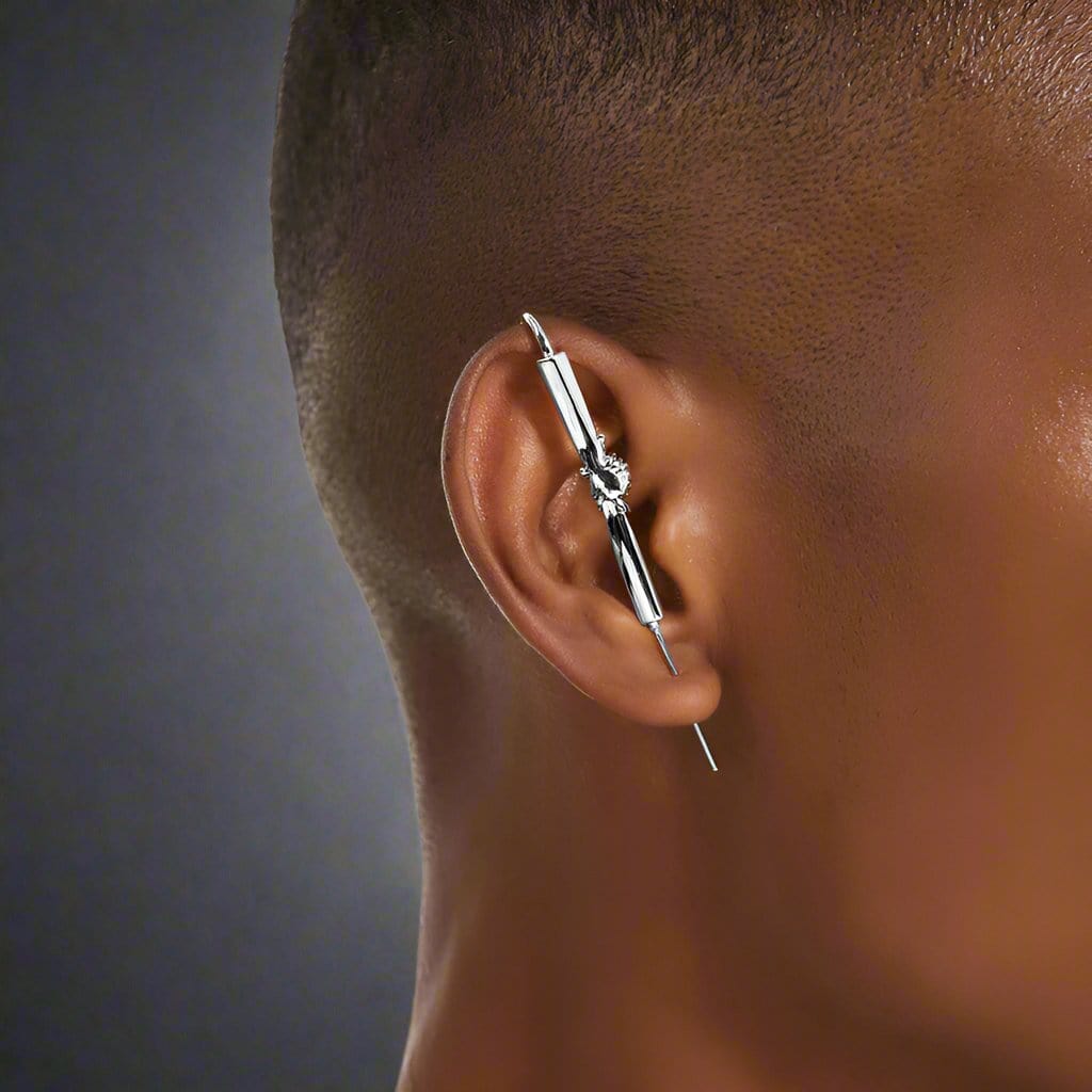 THE MEN THING Nose & Ear Ring Pair (Both Ears) HELPING HAND - Pure Titanium Steel Ear Crawler Hook Pin Cuff Earrings for Men & Boys (2 Pcs)