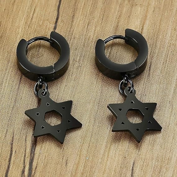THE MEN THING Nose & Ear Ring Pair (Both Ears) HEXSTAR BLACK - Pure Titanium Steel Ear Hoop Earrings for Men & Boys (2 Pcs)