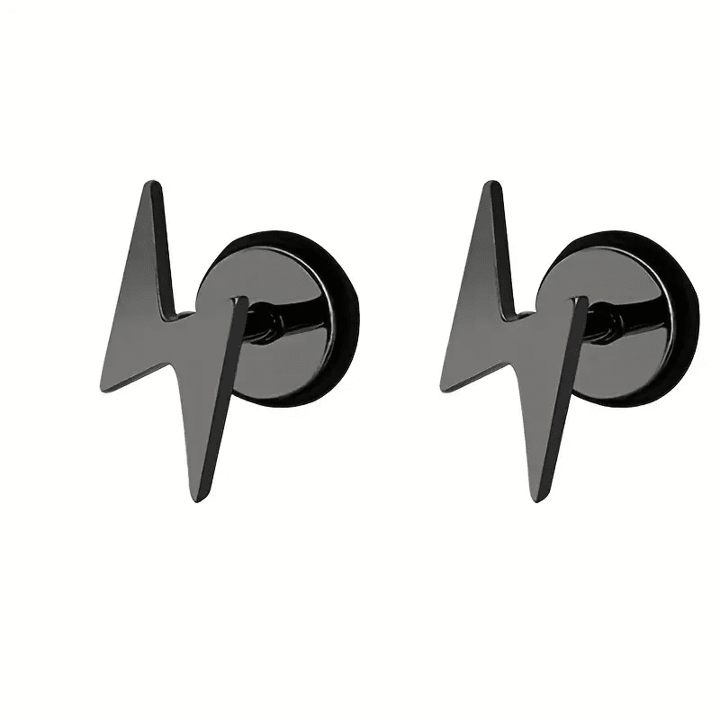 THE MEN THING Nose & Ear Ring Pair (Both Ears) LIGHTNING BOLT BLACK - Pure Titanium Steel Piercing Ear Earrings for Men & Boys (2 Pcs)