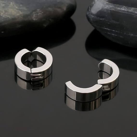 THE MEN THING Nose & Ear Ring Pair (Both Ears) ONYXLOOP - SILVER - Non-Piercing Pure Titanium Steel Earring for Men & Boys (2 Pcs)