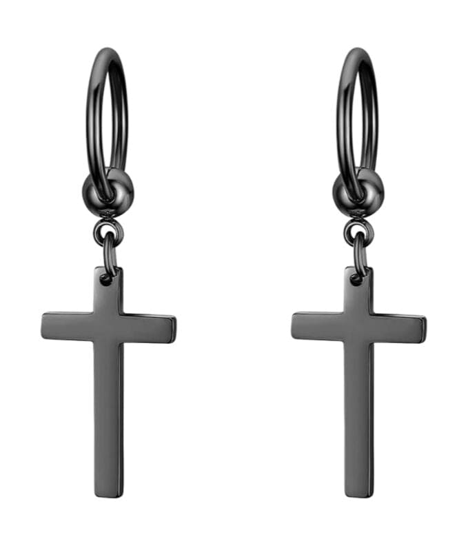THE MEN THING Nose & Ear Ring Pair (Both Ears) PALADIN BLACK CROSS DROP - Titanium Steel Hoop Earrings for Men & Boys (2 Pcs)