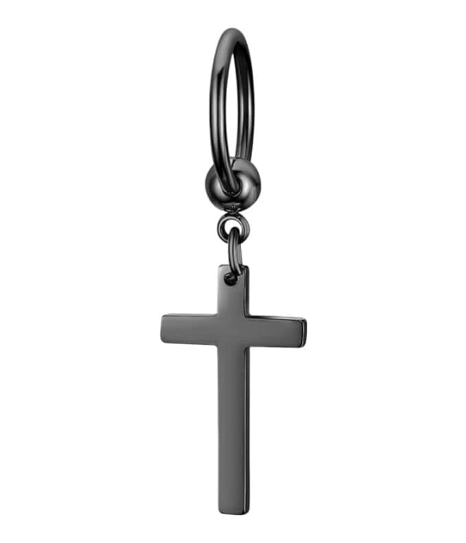 THE MEN THING Nose & Ear Ring Pair (Both Ears) PALADIN BLACK CROSS DROP - Titanium Steel Hoop Earrings for Men & Boys (2 Pcs)
