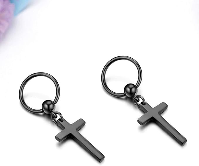 THE MEN THING Nose & Ear Ring Pair (Both Ears) PALADIN BLACK CROSS DROP - Titanium Steel Hoop Earrings for Men & Boys (2 Pcs)