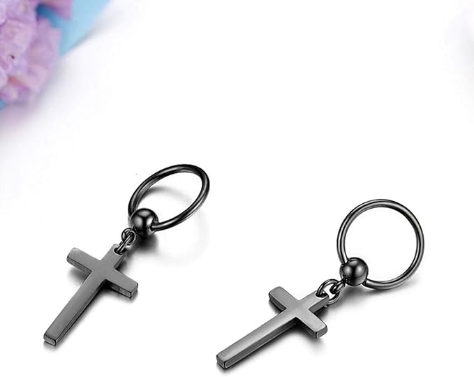 THE MEN THING Nose & Ear Ring Pair (Both Ears) PALADIN BLACK CROSS DROP - Titanium Steel Hoop Earrings for Men & Boys (2 Pcs)